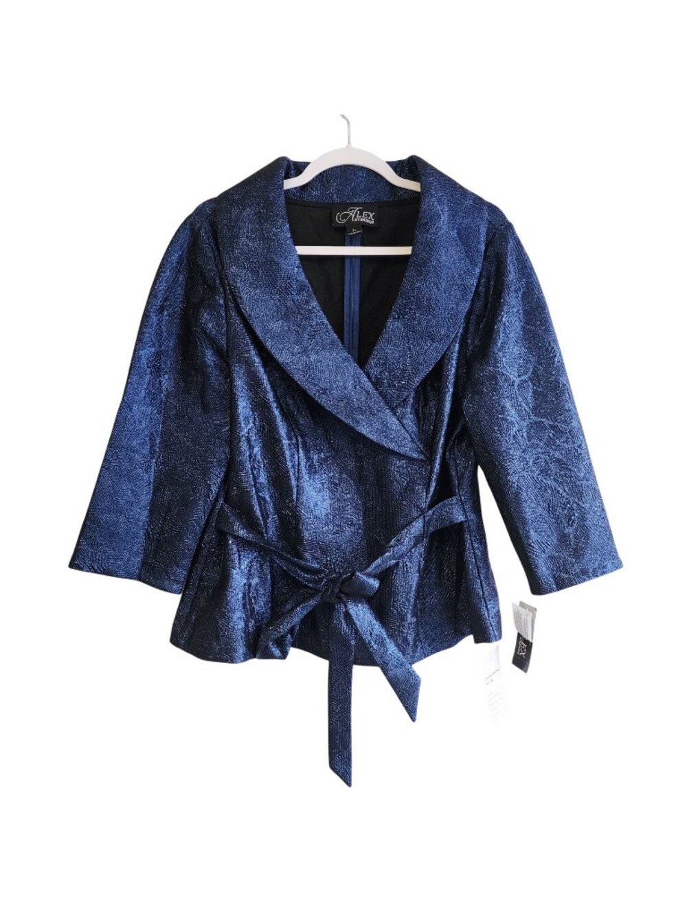 Alex Evenings Womens Metallic Blue Wrap Jacket With 3/4 Sleeves Tie Belt Size XL